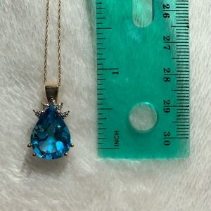 Genuine Blue Topaz & Diamond Pendant w Gold Chain